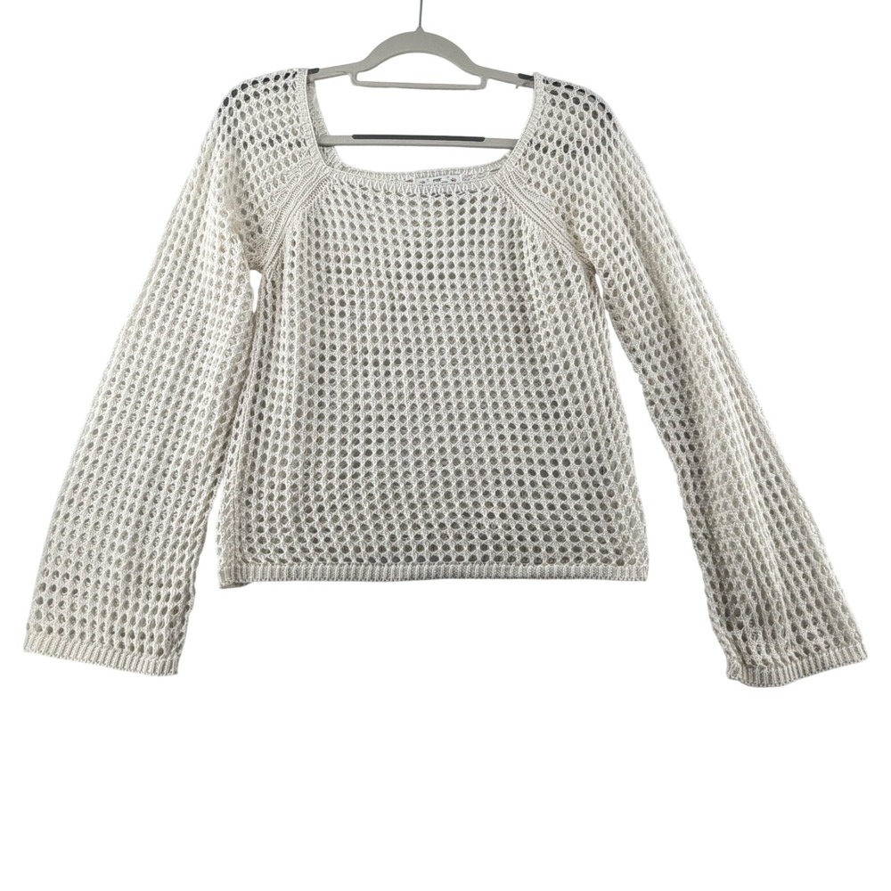 Poof New York Crochet Open Knit Sweater Women Large Ivory Boho Coastal Resort